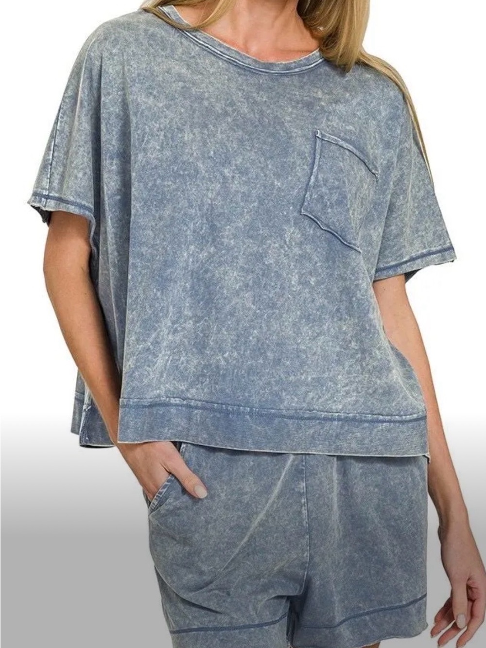 Zenana Outfitters Washed Blue Pocket Tee & Short Set